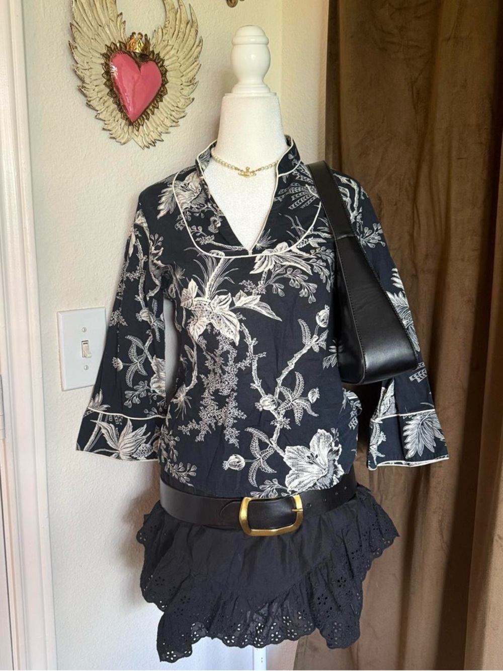 Old Navy Black Floral V-Neck Blouse